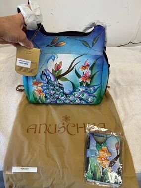 Anuschka Hand-Painted Peacock Leather Shoulder Bag - Blue/Green plus wallet